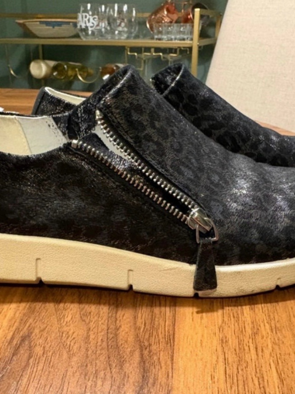 Women’s size 9Black Leopard-Print Slip-On Sneakers with Side Zipper